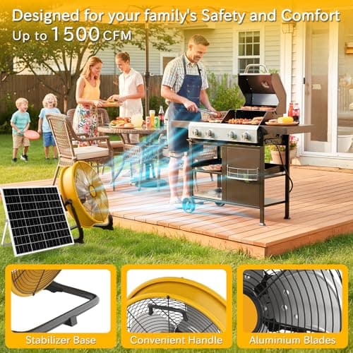 T-SUNUS 12" Solar Powered Fan, 13200mAh Rechargeable Fan with 20W Panel, 1500 CFM Battery Powered Metal Floor Fan, 4.5–27H Runtime, USB Output, 360° Tilt for Camping, RV, Patio, Garage, Power Outage - Thumbnail 5