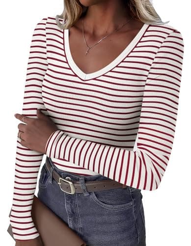 GKBK Womens 3/4 Sleeve Scoop Neck Tops Ribbed Knit Slim Fitted Casual Basic Tee Shirts 2026 Summer Fashion Trendy Work Casual T-Shirt Undershirts Layering Clothes Burgundy White Stripe L - Image 1