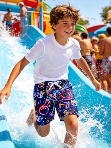 Cozople Boys Swim Trunks with Compression Liner Funny Neon Bowling Cat Graphic Bathing Suit UPF Quick Dry for Summer Surfing - Thumbnail 3