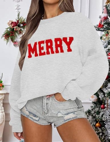 LETSEE Christmas Sweatshirts for Women 2025 Cute Merry Sequin Graphic Oversized Fleece Holiday Pullover Tops Xmas Gifts, Grey, Medium - Thumbnail 2