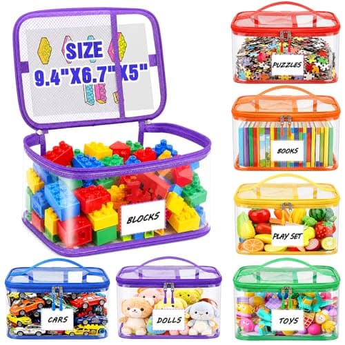 6 Packs Large Toy Storage Bags,Reusable Clear PVC with Labels Waterproof Zipper Organizer for Board Games, Building Blocks,Puzzles,Kids Books,Travel (Multicolor-6Pack) - Image 1