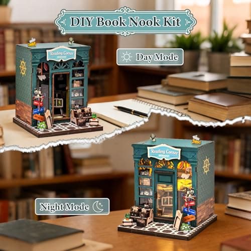 DIY Miniature Dollhouse Book Nook Kit – Reading Corner Bookshop Bookshelf Insert with LED Lights, Tiny House Model for Adults & Teens, Booknook Library Home Decor & Gift Idea for Family and Friends - Thumbnail 4