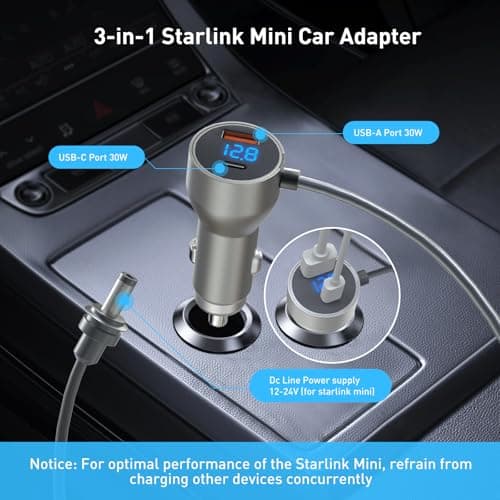 hyentech 3 in 1 Starlink Mini Car Adapter 10Ft, 12V-24V Cigarette Lighter Adapter with USB C/USB A 30W Ports, Starlink Mini Accessory for Trucks, RVs, Boats, Cars - Thumbnail 5
