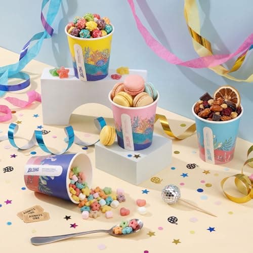 Biotakeware 100 Pcs 12oz Paper Cups for Kids, 4 Unique Ocean Theme Designs, Disposable Bulk Hot & Cold Drinking Coffee Cups for Birthday Parties, Holidays, Picnics, Travel and Special Events - Thumbnail 2