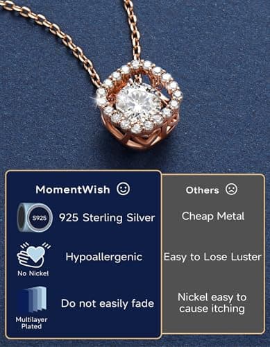 MomentWish Dancing Necklace, Sparkling Gift for Her,0.5Carat Cushion Moissanite Necklaces for Women Rose Gold Plated 925 Sterling Silver Foating Diamond Necklace for Birthday Anniversary Christmas - Thumbnail 5