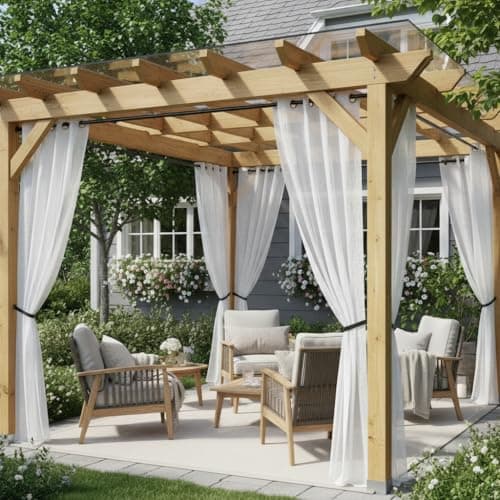 HolidayIdeas 4 Panels Sheer Outdoor Curtains for Patio Waterproof-Linen Semi Voile White Curtains Sun Filtering Privacy Outside Extra Wide Curtains for Gazebo, Front Porch, Pergola 110x108 Inch White - Image 1