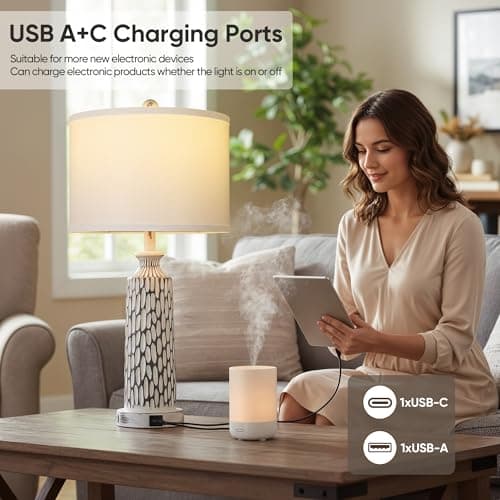 QiMH 26" Table Lamps Set of 2, Modern Bedside Lamps with USB A+C Ports, 3-Way Dimmable Touch Control & White Shade, Coastal White Gray Nightstand Lamp for Living Room Bedroom, Included 2700K LED Bulbs - Thumbnail 3