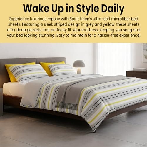 Spirit Linen home King Size Bed Sheets Set Deep Pockets - 6PC Stripes Ultra Soft Microfiber Bed Sheets - Easy to Clean, 90 Thread Count Sheets Includes 1 Fitted, 1 Flat, 2 Pillowcases (Grey/Yellow) - Thumbnail 6