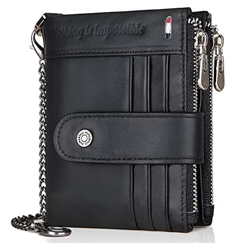 gzcz Black Leather Bifold Wallets for Men with Chain Double Zipper Design Rfid Blocking Wallet Card Holder Coin Pocket - Image 1
