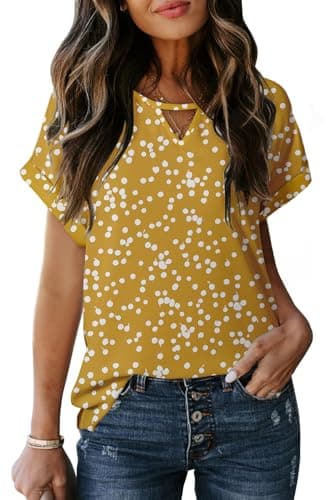 Dokotoo Womens Casual Flowy Print Crewneck Short Sleeve Shirts for Women Chiffon Blouses Womens T Shirts 2026 Trendy Tops for Women Business Casual Boho Top Yellow - Image 1