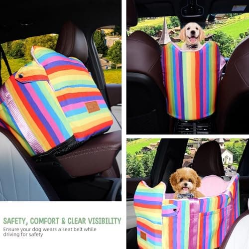Cullaby Console Dog Car Seat for Small Dogs - Anti-Collapse Center Console Armrest Booster Seat, Sturdy Pet Travel Seat with Safety Tether, Cozy Washable Cushion, Puppy Up to 15lbs (Colorful Stripes) - Thumbnail 3