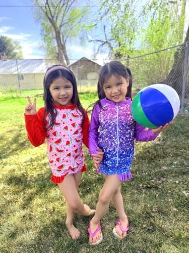 Funnycokid 4T 5T Swimsuit Kids Little Girls Watermelon Red Bathing Suit Ruffle Rashguard Sets Sun Protection Long Sleeve 3 Piece Tankini - Thumbnail 3