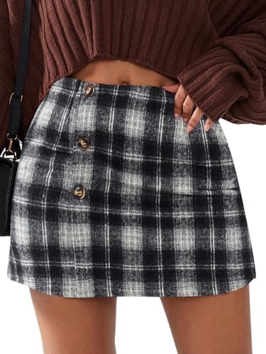 EXLURA Womens Faux Wool Plaid Mini Skirt Elastic High Waisted Tweed Skirts Button Bodycon Skirt Fall Winter Outfit Pocket - Image 1