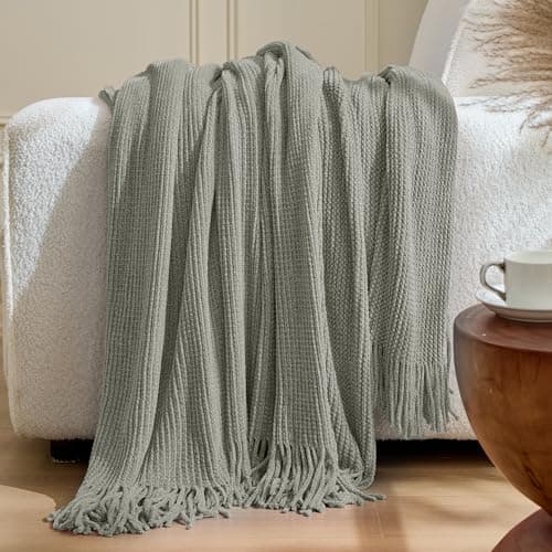 inhand Throw Blanket for Couch Bed,Chunky Chenille Woven Soft Blankets with Tassels, Cozy Boho Farmhouse Fall Winter Decor,Warm for Women,60"x80",Extra Thick-Light Grey - Thumbnail 3