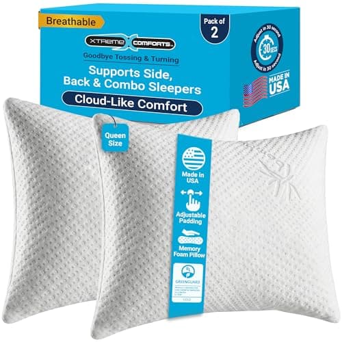 Xtreme Comforts Memory Foam Pillows |GREENGUARD Certified Adjustable Shredded Foam Fill for Personalized Support | Bed Pillows for Side, Back & Stomach Sleepers |Removable Cover |2 Queen Size Pillows