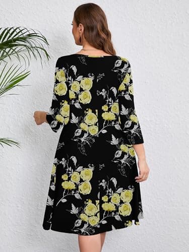 AusLook Women's Plus Midi Dresses Crew Neck A Line 3/4 Sleeves Casual Elegant Loose Flowy Wedding Guest Maternity Vacation Beach Black Golden Floral 2X Dress with Pockets - Thumbnail 5
