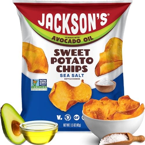 Jackson’s Sweet Potato Kettle Chips with Sea Salt made with Premium Avocado Oil (1.5 Ounce, Pack of 18) - Allergen-friendly, Gluten Free, Peanut Free, Vegan, Paleo Friendly - Shark Tank Product - Image 1