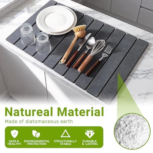 Large Stone Dish Drying Mat for Kitchen Counter, Foldable Diatomaceous Earth Drying Mat, Quick Water Absorbing Eco-Friendly Mat for Dishes, Dark Gray - Thumbnail 2
