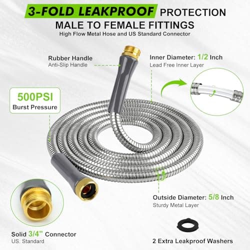Metal Garden Hose 10FT Stainless Steel Water Hose with Metal Connector Flexible Heavy Duty Garden Hoses, Lightweight, Rust Proof, Durable Puncture Proof Water Pipe for Yard, Lawn, Outdoor, RV - Thumbnail 6