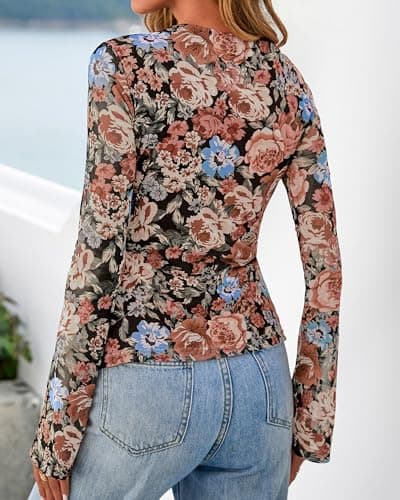 BTFBM Button Down Shirts for Women 2026 Spring Boho Tops V Neck Long Sleeve Blouses Ruched Mesh Fitted Fashion Clothing(Floral Black Orange, Large) - Thumbnail 3
