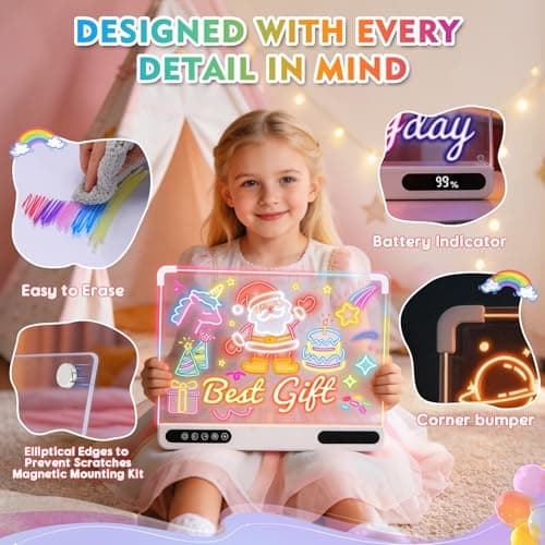 Rechargeable Led Drawing Board, 16" Glow Doodle Light-Up Tablet with 13 Color Effects, Neon Dry Erase Pad with Stand, 7 Markers & Tracing Book, Birthday Holiday Day Gifts Gifts for Kids/Girls/Teens - Thumbnail 5