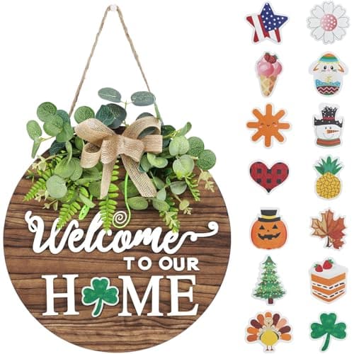 Interchangeable Seasonal Welcome Sign Front Door, Rustic Round Wood Wreaths Wall Hanging Outdoor Decor, Farmhouse, Porch, for Spring Summer Fall All Seasons Holiday Home Decor (Brown) - Image 1