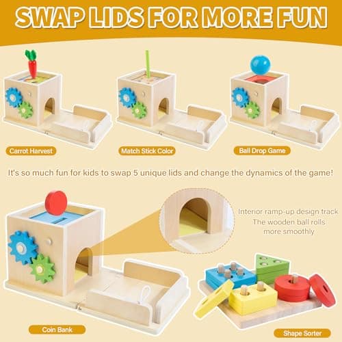 Kizfarm Wooden Montessori Baby Toys, 8-in-1 Wooden Play Kit Includes Object Permanent Box, Coin Box, Carrot Harvest, Shape Sorting & Stacking - Birthday Gift for Boys Girls Toddlers - Thumbnail 3