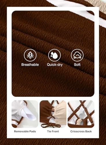 Herseas Women's Cute Textured 2 Piece Bikini Sets Wire Free High Waisted Swim Suits Tie Front 2026 Colorblock Push Up Top Cut Out Ruched Bathing Suit Slimming Cruise Essentials Coffee Small - Thumbnail 5