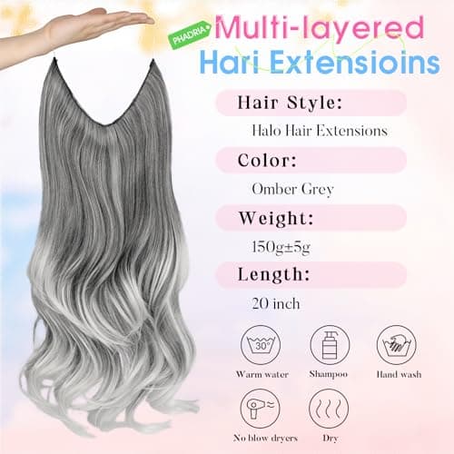 Invisible Wire Hair Extensions with Transparent Wire Adjustable Size 4 Secure Clips Long Wavy Secret Hairpiece 20 Inch for Women(OMber Grey) - Thumbnail 2