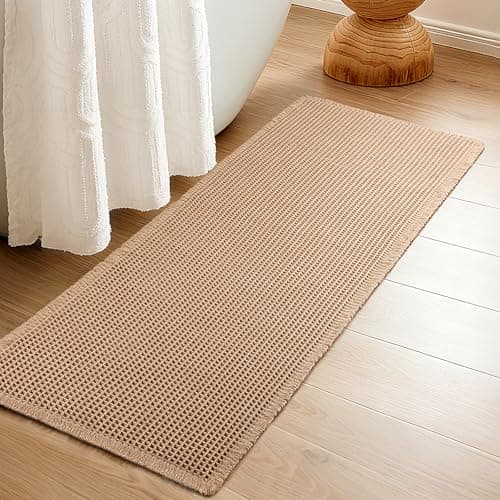 Siyaluens Luxury Waffle Bath Mat, Super Absorbent Non Slip Bathroom Rugs, Boho Ultra Soft Comfort Machine Washable Quick Dry Floor Mats with Tassels (Brown, 24" x 72") - Image 1