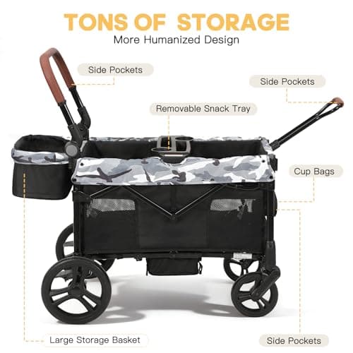 ELEMARA All-Terrain Stroller Wagon for 2 Kids, Foldable Kids Wagon Stroller Includes Removable Canopy,Mosquito net, Adjustable Push＆Pull Handle,Snack Tray & Cup Holders, Storage Basket, Black+White - Thumbnail 4