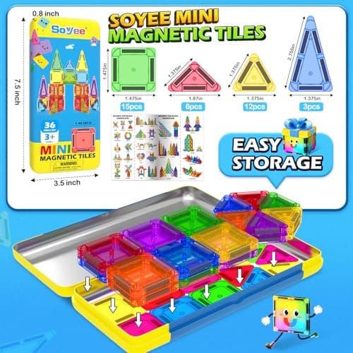 Soyee Mini Magnetic Tiles Travel Toddler Toys with Metal Tin Portable STEM Building Kids Toys for 3 4 5 6 7 8+ Years Old Boys & Girls & Birthday Gifts - Thumbnail 5