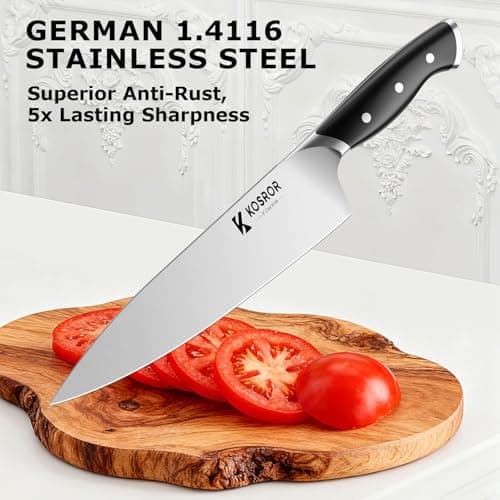 KOSROR Kitchen Knife Set with Block: 15-Piece German Stainless Steel with Dual Sharpener for Beginners - Covers 95% Kitchen Tasks - Black Full-Tang Ergonomic Handle, Dishwasher Safe, Easy to Use - Thumbnail 3