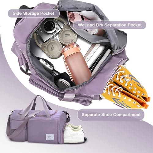 WOOMADA Foldable Travel Duffel Bag with Shoes Compartment, Overnight Bag with Wet Pocket & Trolley Sleeve, Weekender Bags for Women(A-grayish purple) - Thumbnail 5