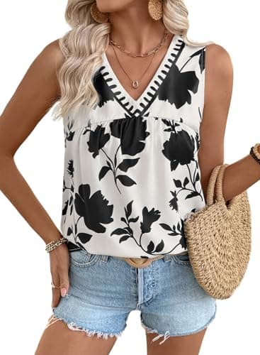 EVALESS Women's Tank Tops Summer V Neck Sleeveless Shirts Blouses Boho Babydoll Tops Spring 2026 Trendy Dressy Casual Pleated Vest Office Travel Vacation Clothes White Floral X-Large - Image 1