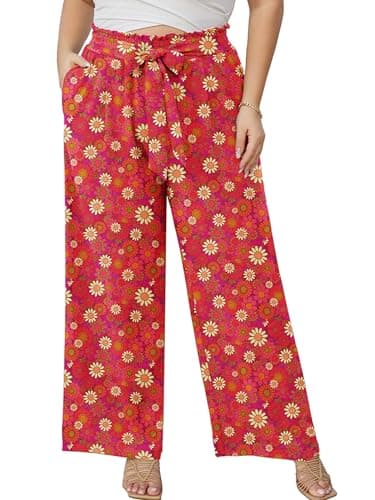 AusLook Plus Size Wide Leg Pants for Women High Waist Elastic Drawstring Palazzo Casual Lounge Beach Travel Vacation Resort Vibrant Daisy Florals 2X Pants with Pockets Flowy Summer Comfy Outfit - Image 1