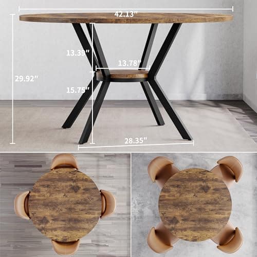 MECHYIN Round Dining Table for 2-4, 42 Inch Wood Kitchen & Dining Room Tables with Storage, Circle Dinner Table with Metal Legs, Space Saving Small Table for Dining Room, Kitchen, Rustic Brown - Thumbnail 2