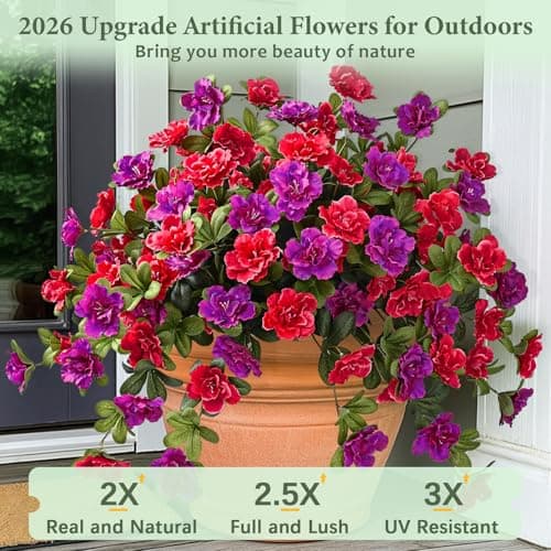 Dolicer Artificial Flowers for Outdoors, 4 Bundles UV Resistant Fake Red & Purple Artificial Outdoor Plants Look Real for Outside Front Faux Door Porch Patio Balcony Decor - Thumbnail 3