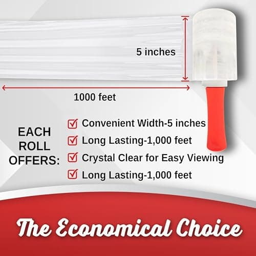 12 Pack Industrial Strength Mini Hand Stretch Wrap with 2 Plastic Handles, 60 Gauge Thick, 5" x 1000 Ft Roll, Shrink Wrap Roll for Moving Pallets, Plastic Wrap for Packing, Heavy Duty Stretch Film - Thumbnail 3