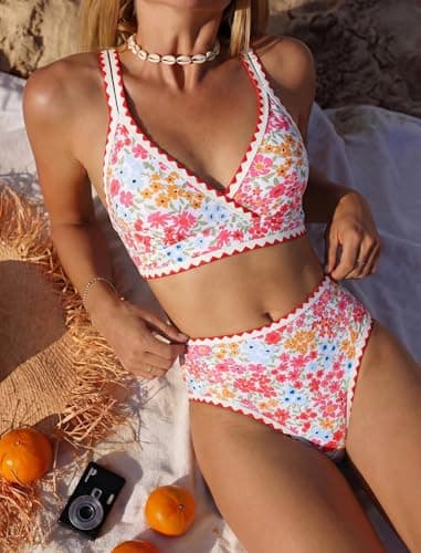 ZAFUL Womens High Waisted Bikini Sets Floral Print Whip Stitch 2 Piece Swimsuits V-Neck Crisscross Tie Back Bathing Suit Red Small - Thumbnail 3