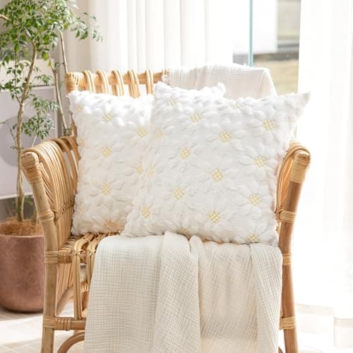 KIDHABE Spring Summer Pillow Covers 18x18 inch, Set of 2 Soft Faux Fur Jacquard Yellow Color Flower Heart Sunflower Throw Pillow Cases for Sofa Couch Holiday Spring Home Decor - Thumbnail 2