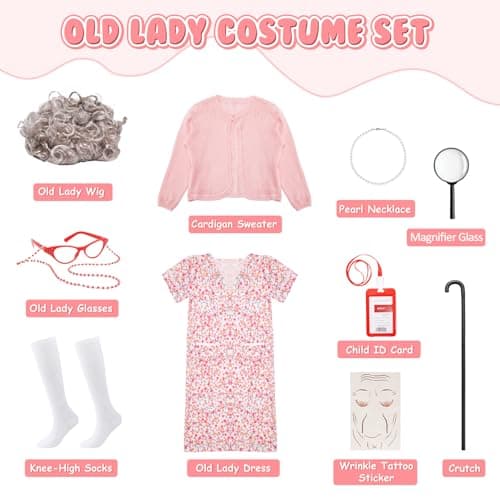 Skirfy Old Lady Costume for Kids, 100 Days of School Granny Outfit Kit with Wig, Dress, Glasses, Cane and Other Dess Up Accessories for Girls for School Celebration or Halloween - Thumbnail 2