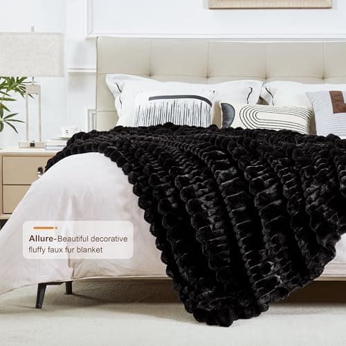JONIYEAR Soft Fluffy Striped Faux Rabbit Fur Throw Blanket for Couch 50" x 60", Decorative 3D Geometric Warm Fuzzy Fur Blankets for Winter,Reversible Luxury Cozy Furry Blanket for Adult Bed, Black - Thumbnail 3