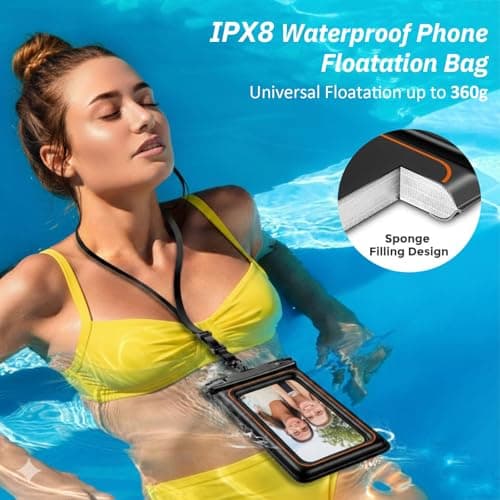 UOEPOWA Floating Waterproof Phone Case (2-Pack) - IP68-Rated Waterproof with Neck Strap, Suitable for Swimming and Outdoor Sports, Compatible with All 7.0-inch Models (Black) - Thumbnail 2