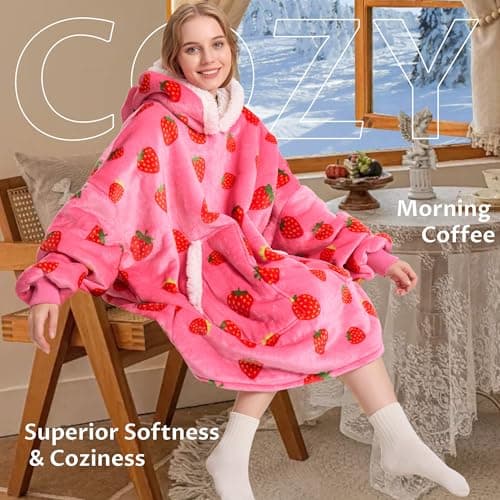 Kipswiza Strawberry Wearable Blanket Hoodie - Soft Cozy Sherpa Fleece Oversized Hooded Blankets Sweatshirt Birthday Gifts for Women Girls Mom Daughter Adult - Thumbnail 6