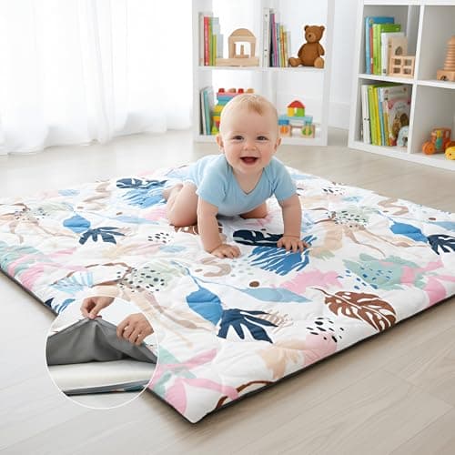 PaPaMat 1.5" Thick Play Mat for Baby, 50x50 Play Mat Removable & Machine Washable Cover Softness Foam Play Mat, Easy-Clean Hygienic, Comfort Safety Kids Crawling (Tummy Time Leaves) - Image 1