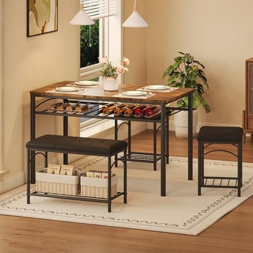 Garvee Dining Table Set for 4, Kitchen Table with Upholstered Bench and 2 Stools, 4 Pieces Kitchen Table Set with Storage Rack & Metal Frame for Small Space, Kitchen Table and Chairs Set for Apartment