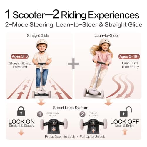 BEIESTATE 3 Wheel Scooter for Kids Ages 3-18, Up to 220 Lbs, Kids Scooter with Adjustable Lean-To-Steer Switch, Foldable, Lightweight, Wide Anti-Slip Deck, Adjustable Height Handlebar, Light-Up Wheels - Thumbnail 3