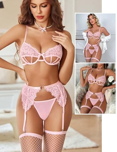 Avidlove Pink Underwire Push Up Garter Lingerie Sets 4 Piece Lace Bra and Panty with Stockings Cut Out Sexy Outfits - Thumbnail 6