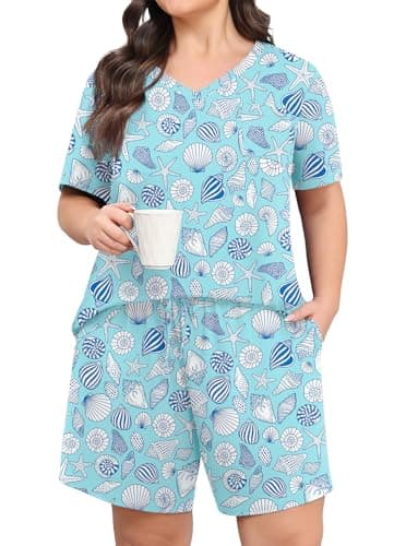 Lastshe Womens Plus Size Pajama Set 2 Piece Soft V Neck Short Sleeve with Pockets Summer Shorts Sleepwear Pjs Lounge Set,Light Blue Shells-3X - Image 1